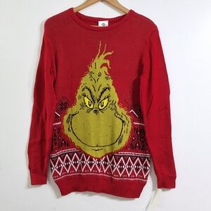 XL Dr.Seuss The Grinch Boys Red Holiday Christmas Graphic Knit Crewneck Sweater